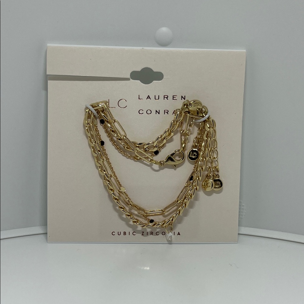 LC Lauren Conrad Gold Tone Chain Link Cubic Zirconia Charm Bracelet Set